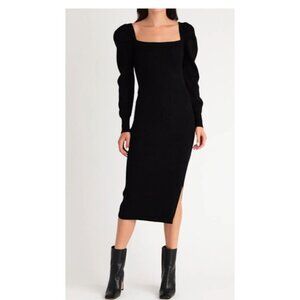 Charles Henry Rib Knit Puffl Sleeve Pullover Black Square Neck Midi Dress XL NWT